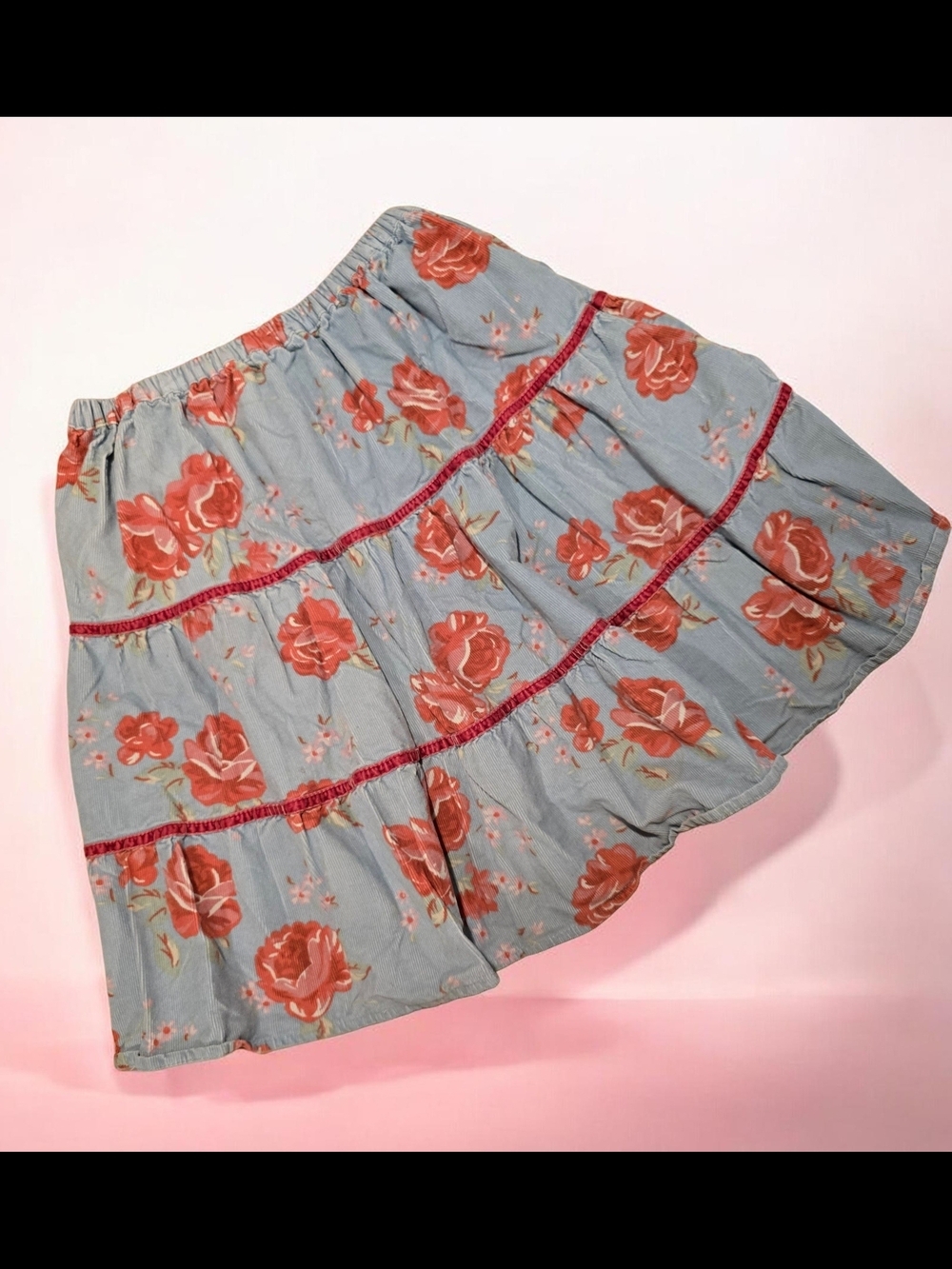 Mini Boden Corduroy Blue Tiered Skirt with Coral Floral Print SIZE 11-12Y
